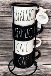 Rae Dunn ESPRESSO CAFE` Coffee Cups Stacking Small Mugs & Stand Black & White - Picture 1 of 1