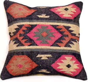 Kilim Handmade Jute Pillow Case 18" Inch Square Cushion Cover Home Decor Vintage - Picture 1 of 4