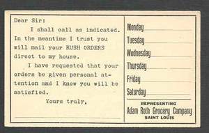 Ca 1908 PC ST LOUIS MO ADAM ROTH GROCERY CO SALESMANS CALLING CARD, UNPOSTED - Picture 1 of 1