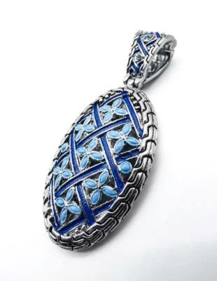 UNIQUE 18kt White Plated Wheat Cable Blue Enamel Floral Oval Enhancer Pendant - Image 1 of 4