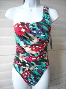 La Blanca Tropical Plumes One Shoulder Ruched One Piece Swimsuit Size 4 NWT - Picture 1 of 3