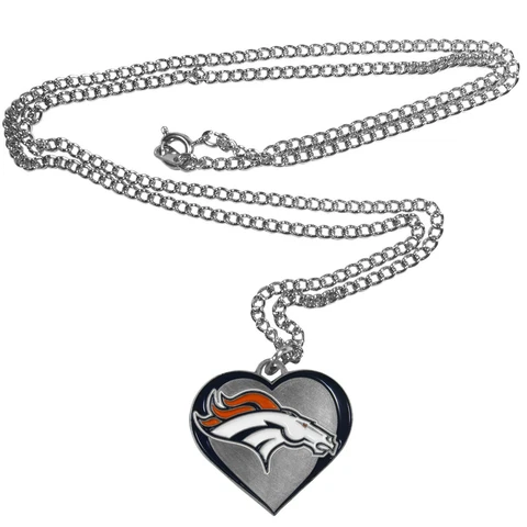 Denver Broncos Football Team Heart NFL Charm Silver 22" Necklace Packaged Cover