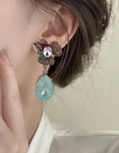 Flower Earrings Aqua Blue Rose Gold Boho CZ Zara Encrusted Cabochon Gripoix - Picture 1 of 10