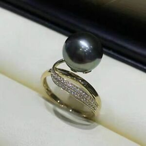 stunning 10-11mm tahitian round black green pearl ring 925s(tb sy)