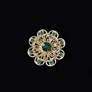 Vintage Signed Coro Green Rhinestone Double Layered Flower Floral Brooch Pin - Picture 1 of 5