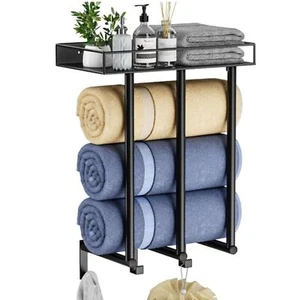 Towel Racks for Bathroom - Wall Mounted Towel Rack with Metal Shelf & 3 Hooks - Picture 1 of 7