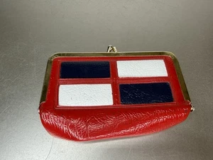 Vintage 1980s Kisslock & Mirror Coin Purse Cosmetic Pouch Red White Blue - Picture 1 of 6