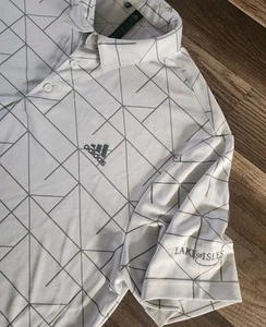 ADIDAS GOLF POLO MENS LARGE WHITE GRAY GEOMETRIC PATTERN LAKE OF ISLES COURSE - Picture 1 of 9