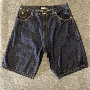 Rocawear Jean Shorts Mens 44 (fits 40) Dark Blue Gold Accents Urban Hip Hop City - Picture 1 of 16
