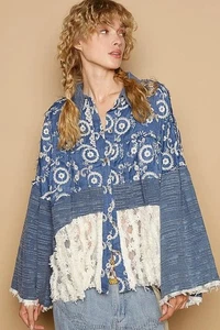 Camisa de mujer POL con dobladillo de encaje bordado manga larga - Imagen 1 de 5