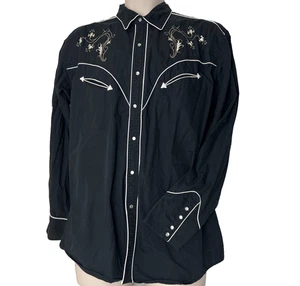 Express Riders Mens L Long Sleeve Pearl Snap Western Black Embroidered Shirt - Picture 1 of 12