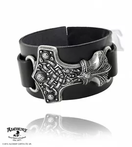 Alquimia Metal Desgaste Dios Nórdico Thor's Thunderhammer en Pulsera de Cuero Italiano - Imagen 1 de 5