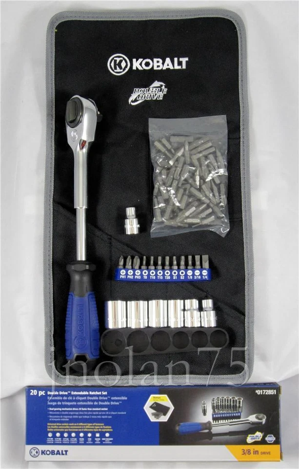 KOBALT 20 Piece DOUBLE-DRIVE Ratchet Socket Set +BONUS ROLL POUCH & 50 MORE BITS - Image 1 of 1