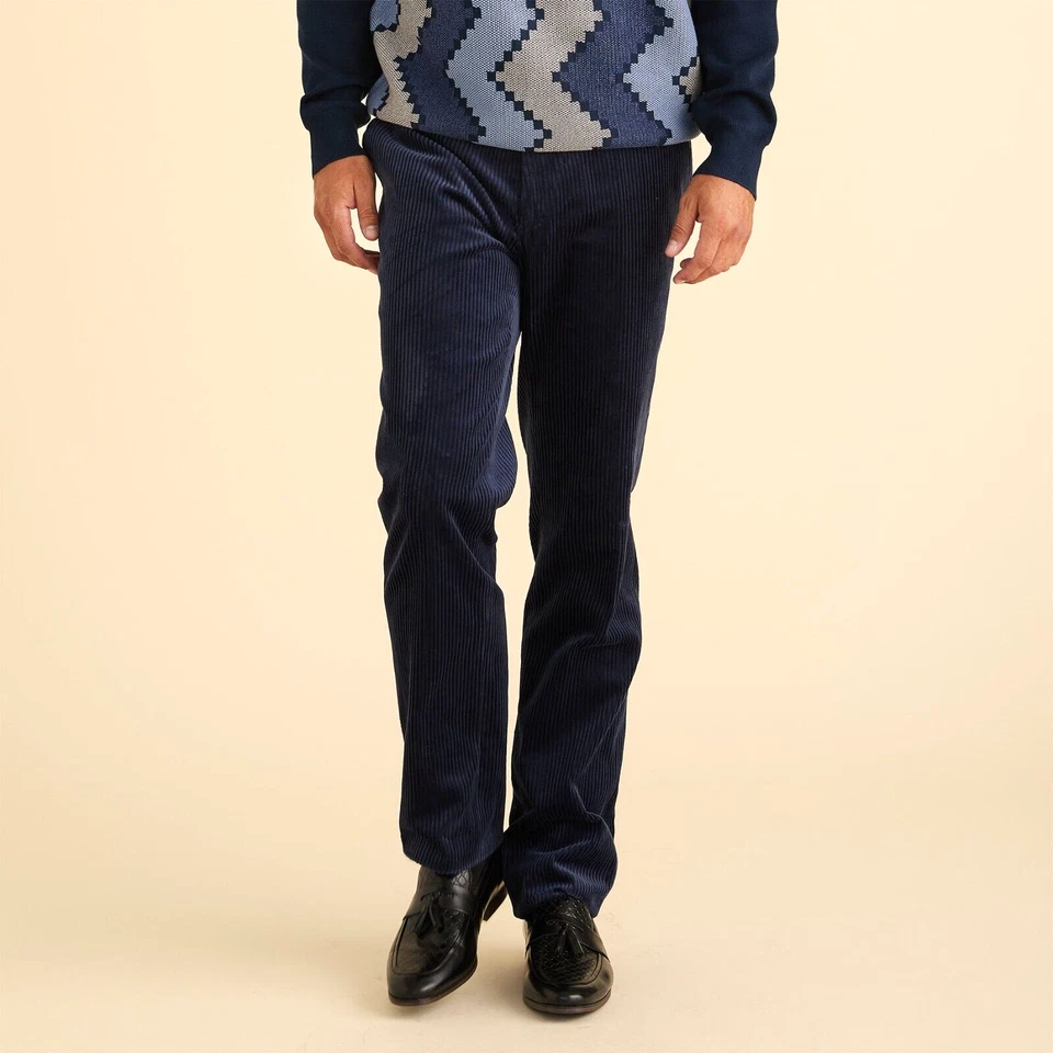 NUEVO Pantalones de vestir de pana con parte delantera plana 100 % algodón para hombre ajuste moderno azul marino Foto 1 de 1