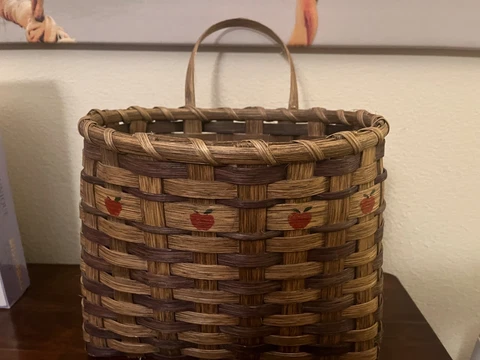 Handmade Wicker Hanging Basket With Painted Apples 9 x 8 x 11" Cover