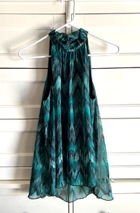 Layered Chiffon High Neck Lined Halter Tank Top Blouse • Green Pattern • Medium - Picture 1 of 8
