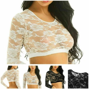 Sexy kurzes Damen-T-Shirt Bluse Spitze Blumen Langarm Netz durchsichtig bauchfrei - Bild 1 von 23