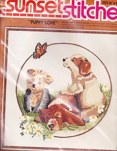 Crewel Embroidery Kit: Puppy Love, 3 Puppies & Butterfly, Sunset Stitchery - Picture 1 of 1