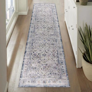 Deal Blue Grey Ivory Hallway Runner Non Slip Rubber Allover Washable Rug 80x300 - Picture 1 of 8