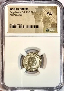 “Horned” Elagabalus Ancient Roman Silver Coin 218-222 AD 19mm AR Denarius NGC AU - Picture 1 of 4