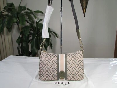 NWT Furla Nylon & Leather Atena S St Arco Stripes Vitello Crossbody Beige Multi - Image 1 of 4