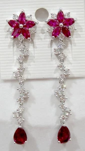 925 W/G plate Red Pink Sapphire Top Quality Lab Created Gems Chandelier Earrings - Picture 1 of 3
