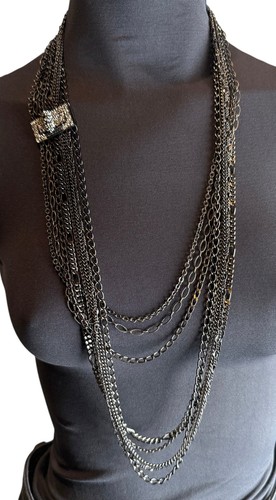 Collana Chanel Multi Filo Gunmetal Argento Cristallo Ristampa Lucchetto