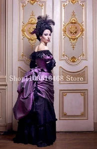 Vestido de graduación victoriano vintage púrpura elegante apliques de encaje con tren vestido línea A - Imagen 1 de 6