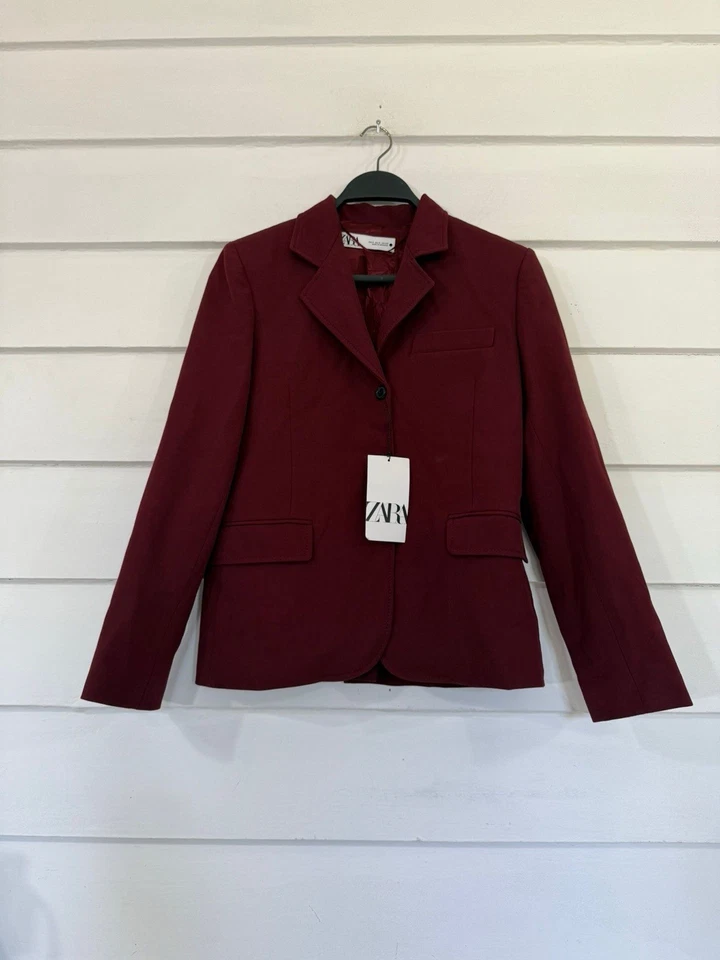 全新 ZARA 女式西装外套 Burgundy 葡萄酒羊毛混纺单纽扣 S 码 Y558B — 第 1/4 张图片