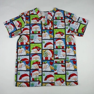 CHEROKEE V-Neck Scrub Top Shirt Christmas Santa Clause Debra Jordan Adult Small - Image 1 of 4