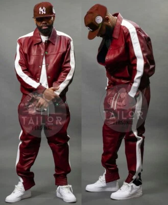 Men's Brayden 100% Genuine Lambskin Leather TrackSuit Sweatsuit [Burgundy/White] - Image 1 of 2