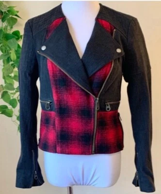 Chaqueta Free People para mujer roja negra lana a cuadros acolchada moto cremalleras broches de presión Foto 1 de 4