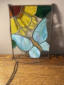 Stained glass flower and butterfly 10"x7.5" with attached chain, signed - Picture 1 of 11