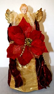 Christmas Angel Tree Topper 17" Gold Wings Poinsettia Plastic Head & Hands Vtg - Picture 1 of 10
