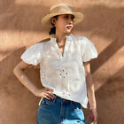 Holiday Shirt Women Design Short-Sleeved V-Neck Tops Cotton Embroidered Retro