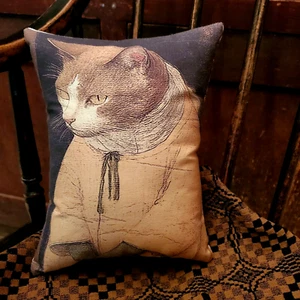 VINTAGE PRIMITIVE FOLK COLONIAL REPRODUCTION ANTIQUE PORTRAIT CAT PILLOW NO. 8 - Picture 1 of 9