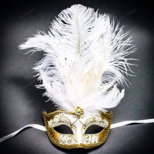 Venetian White Gold Masquerade Mask Show Girl Ostrich Feather Eye Mask Costume - Picture 1 of 5