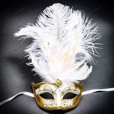 Venetian White Gold Masquerade Mask Show Girl Ostrich Feather Eye Mask Costume - Image 1 of 4