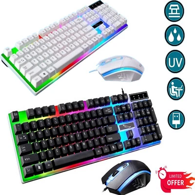 Gaming Keyboard Mouse Set Pad Rainbow LED Wired USB For PC Laptop PS4 Xbox One - Image 1 of 4