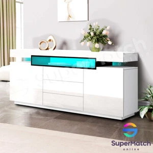 Modern LED Buffet Sideboard Cabinet High Gloss Storage 2 Doors 3 Drawers White - Picture 1 of 11
