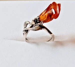 Sterling Silver 925 Vintage Amber Rose Ring size N 1/2 - adjustable - Picture 1 of 5