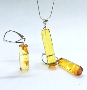 Amber Necklace Pendant Earrings Natural Barrel Shape Sterling SILVER 925 Gift - Picture 1 of 8