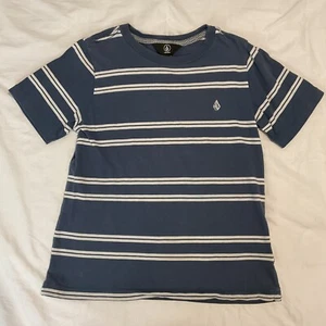 Volcom T-Shirt 7Youth Boys XL Round Neck Logo Embroidered Striped Blue White - Picture 1 of 8