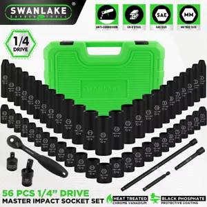 SWANLAKE 56Pc 1/4" Drive Impact Socket Set SAE Metric Extension Bar Impact Joint - Picture 1 of 11