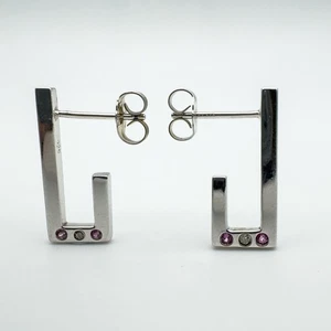 NEW Diamond & Pink Sapphire J Half Hoop Earrings in Sterling Silver 925 - Picture 1 of 14