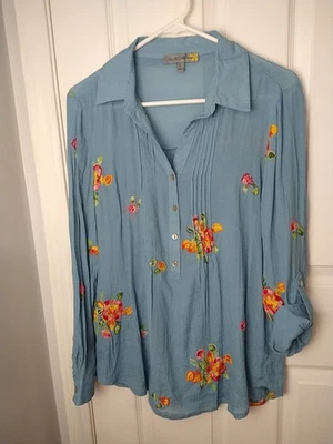 Blusa Figueroa y Flor Higo Azul Gasa Tejido Bordado Popover Camisa Transparente L Foto 1 de 4