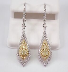14K White Gold 1.72 ct CANARY Halo Diamond Dangle Drop Leverback Earrings