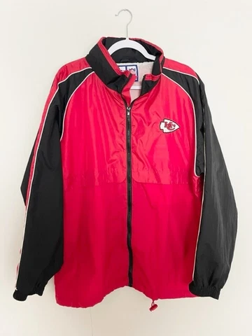 Logo Athletic Mens Full Zip KC Chiefs Windbreaker Jacket Red Black Pockets Logo Cover