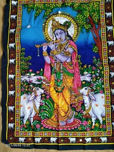 Lord Krishna playing flute to cows | Art Canvas Cloth 77x55 cm | Hinduism - Picture 1 of 4