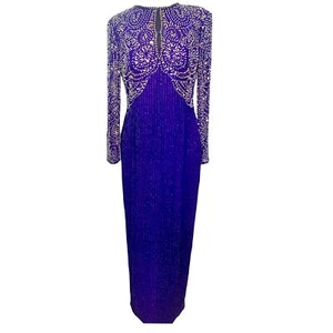 Ted Lapidus Paris Long Sleeve Beaded Gown Royal Purple Gold Embellished Keyhole - Picture 1 of 13